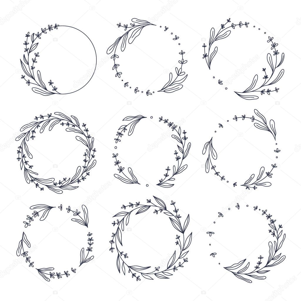 Floral lavender wreath collection, hand drawn vector illustration isolated on white. Decorative round frames with flowers and leaves, ink sketch for wedding event invitations