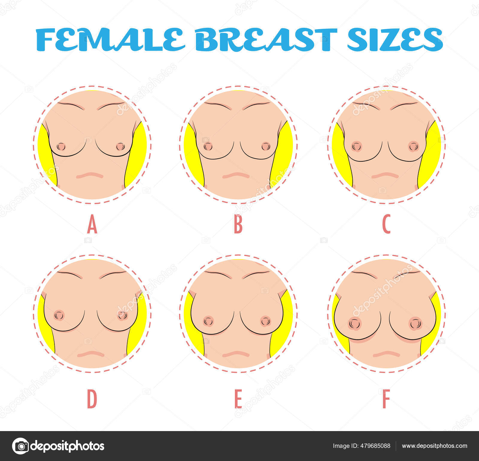 Set Colored Icons Different Female Breast Size Body Front View