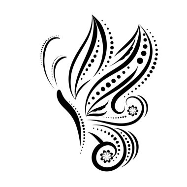 Fantezi uçan kelebek süsü ya da dövme, siluet. Siyah girdaplar ve kıvrımlar beyaz arka planda izole edilmiş. Bir kanat, yan görüş. Vektör illüstrasyonu.