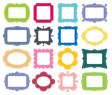 Boş vektör monokrom çerçeve seti, klasik çizgi film tarzı. Fotoğraf ve resimler için basit dekoratif şablon koleksiyonu. Parlak düz renkler. Albümler, galeriler ve sergiler için geçmişe dönük tasarım. 