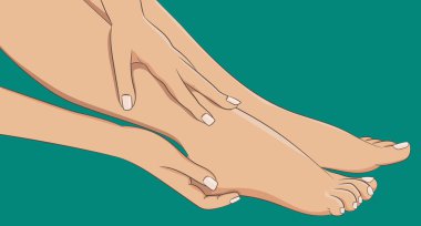Güzel kadın bacakları, yalınayak, yan manzara. Kadın elleri ayak masajı yapıyor ya da krem sürüyor. Tarafsız manikür ve pedikür. Spa merkezleri ya da kozmetik ürünler için tasarım elemanı. Vektör illüstrasyonu. 