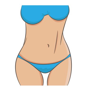 Fitness, diyet ve sağlıklı beslenme konsepti. Zayıf ve güzel bir kadın gövdesi, göğüs, karın ve kalça parçası. Diyet, fitness ya da liposuction sonrası kadın. Beyaz arkaplan üzerindeki vektör illüstrasyonu izole edildi.