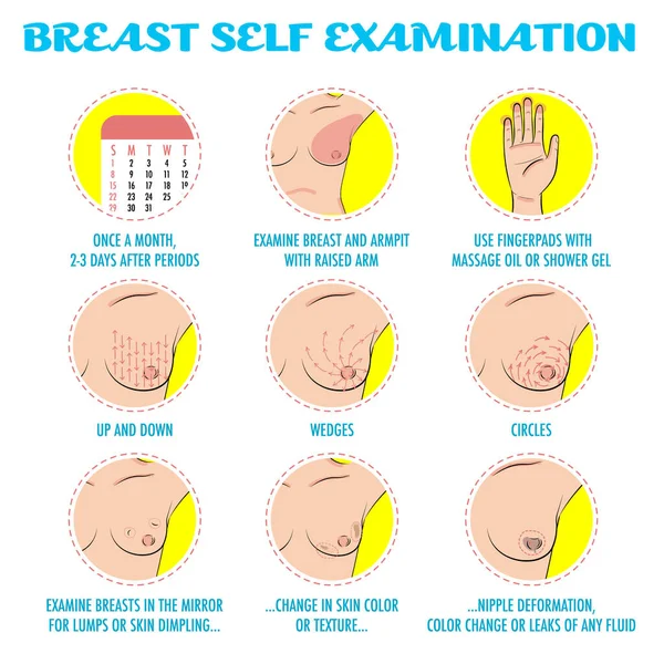 Breast Self Exam Breast Cancer Monthly Examination Infographics Icon Set — Stock Vector