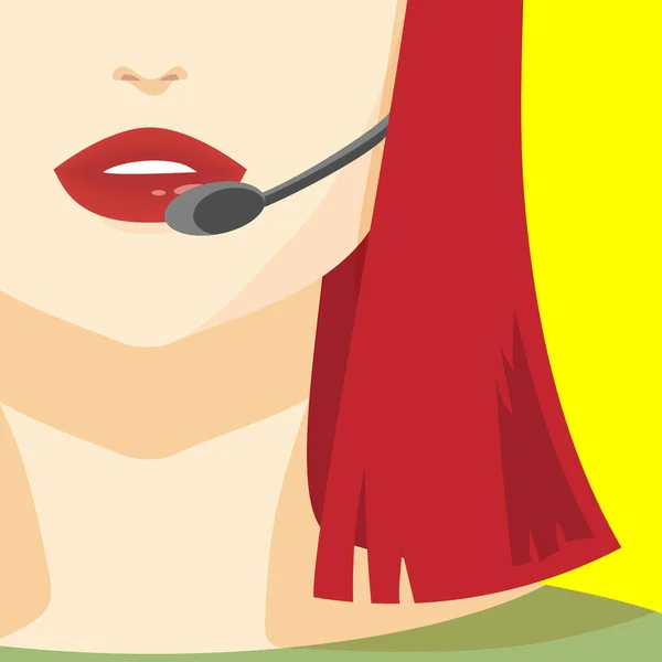 Call Center Woman Operator Pop Art Vector Illustration Rambut Merah - Stok Vektor