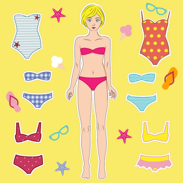 Dress Blonde Papierpuppe Strand Körperschablone Badeanzüge Bikini Und Unterwäsche Strahlend — Stockvektor