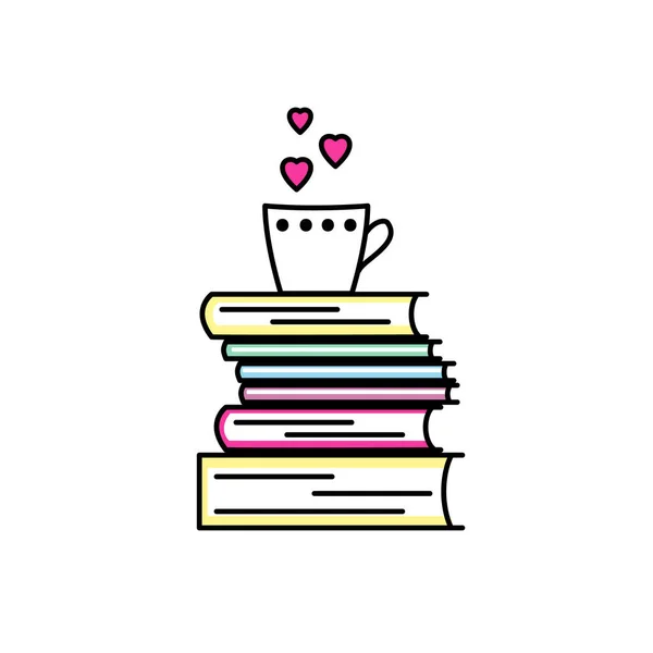 Kitap aşkı ikonu. Renkli vektör izole edildi, doğrusal işaret. Mağazalar, kütüphaneler ve koleksiyonlar için kitap sembollerini severiz. Bir yığın kitap ve kupa gösterilen resimli yazıları okumayı severim. Buhar yerine kalpler.