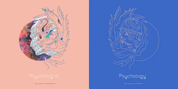 Mental health concept with illustration dual personality. Split mind in collage art style for psychology blog, anxiety banner template. Dissociation of personality and Bipolar disorder metaphors.