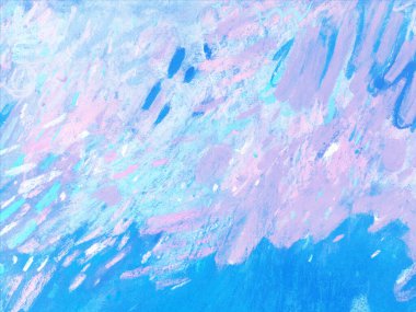 Pankart için mavi soyut kalem dokusu. Pastel desenli arka plan. Sanatsal şablon desenleri, çok renkli şekiller, canlı çizgiler, boya lekeleri. Gökyüzü şablonu Çağdaş sanat arkaplanı.