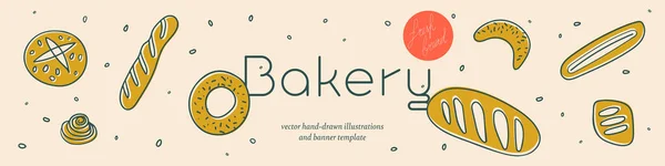 Bakery Banner Template Vector Hand Drawn Icons Bread Warm Ochre — Stock Vector