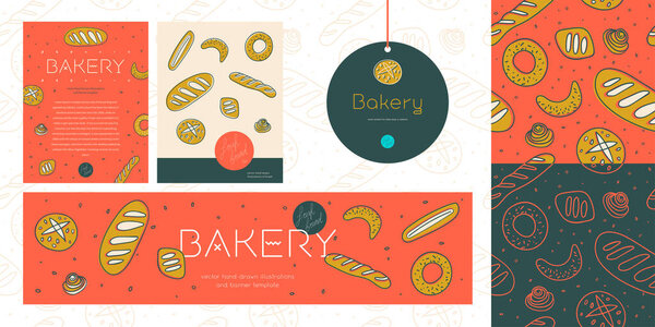 Vector set design templates and branding elements for bakery shop packaging in red colors. Bread seamless pattern with minimal illustrations, icons for baking, bakehouse logo design template.
