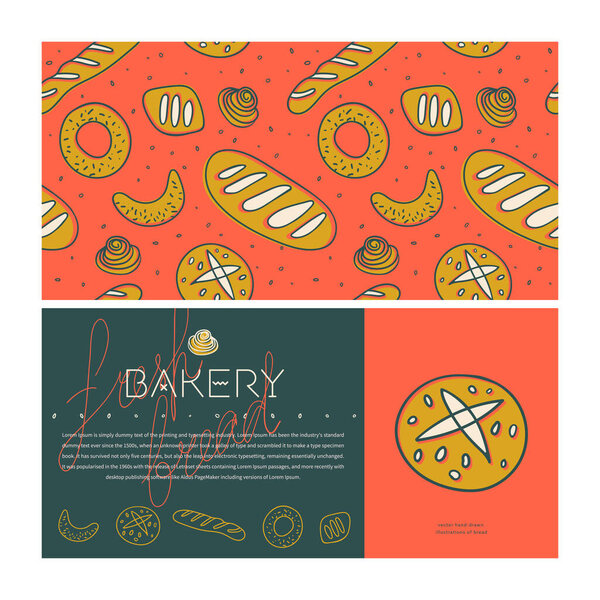 Bakery shop vector set design templates and branding elements in red colors. Bread seamless pattern with minimal illustrations, icons for baking, bakehouse logo design template and packaging design.