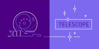 Vektör doğrusal ikon astronomisi. Gözlemevi bilim amblemi için teleskop sembolü, astrofizik konsept logo tasarımı. Modayı en aza indirgeyen illüstrasyon teleskopu