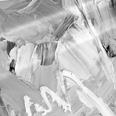 Gri tonlu soyut petrol impasto tablosu. Yakın plan. Zihinsel sağlık konsepti için kalın boya dokusu, caz müzik festivali afişi, sanat geçmişi. Akıl sağlığı konusu. Siyah ve beyaz desenli tuval.