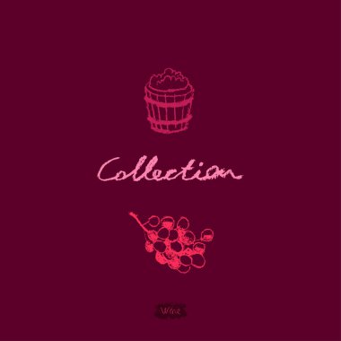 Kalem desenli bir asma resim. Şarap temalı illüstrasyon. Şarap dükkanı ikonu. Tebeşir deseni. Amblem üzüm bağı, biyodinamik şaraplar, üzüm festivali, şarap barı tabelası için üzüm asma çizimi.