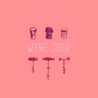 Şarap ikonları vektör olarak ayarlandı. Şaraphane tabelası, şarap dükkanı, içki dükkanı, vektör logosu şablonları, biyodinamik şaraplar, üzüm festivali, şarap barı tabelası için elle çizilmiş resimler. Şarap mantarı, oktav, üzüm, tıpa