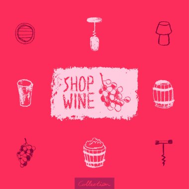 Şarap endüstrisi ikonları hazır. Şarap imalatı sembolü, şarap dükkanı, alkol deposu, vektör logosu şablonları, biyodinamik şaraplar, şarap barı tabelası için el yapımı resimler. Şarap mantarı, oktav, üzüm, tıpa.