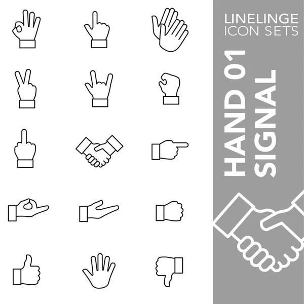 Premium stroke Ikonuppsättning hand gest, handsignal och finger tecken 01. Linelinge, modern kontur symbol samling — Stock vektor