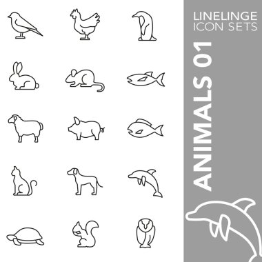 Hayvan, yaban hayatı ve deniz yaşamı 01 Premium vuruş simgesi seti. Linelinge, modern anahat sembol koleksiyonu
