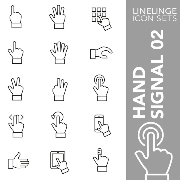 Premium stroke Ikonuppsättning hand gest, handsignal, rörlighet och finger tecken 02. Linelinge, modern kontur symbol samling — Stock vektor