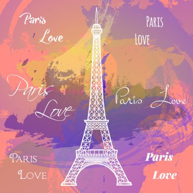 Paris 'e bayılıyorum. Eiffel Kulesi parlak pembe suluboya arkaplan üzerine