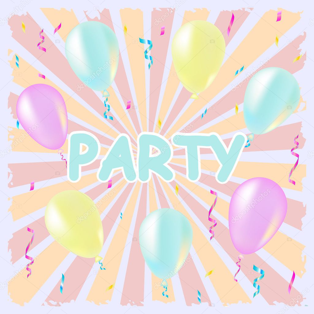 Party and celebration background with balloons, streamers, vector illustration pastel color