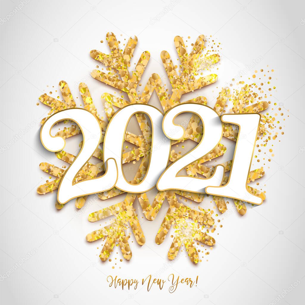 Happy new year design white background with 2021 and shining gold snowflake. Vector 