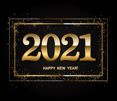 2021 ve altın konfetiyle siyah arkaplan üzerine yeni yıl tasarım planınız kutlu olsun. Vektör