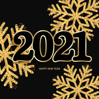 Mutlu yeni yıl tasarım siyah arka plan 2021 ve parlak altın kar taneleri. Vektör 