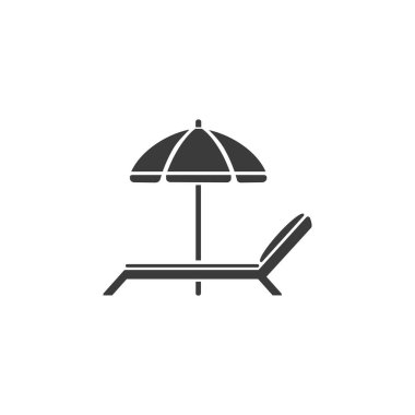 Piktograf yaz tatili plaj ikonu şemsiyesi ve sandalye gevşeme seyahat beyaz arka plan