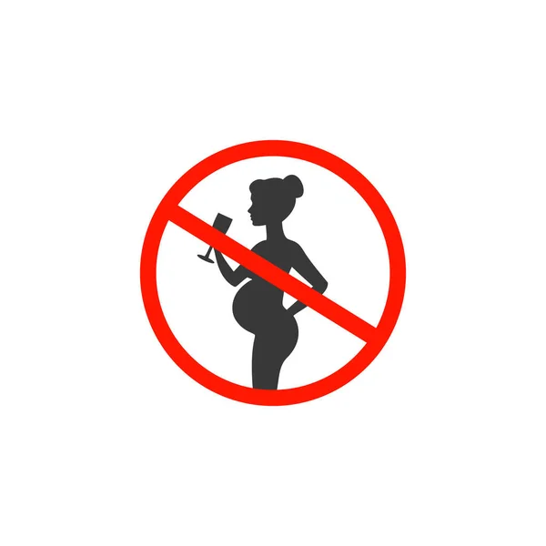 Pregnant no drinking alcohol. No alcoholic drink pregnancy period vector sign with pregnant woman silhouette — Stock Vector