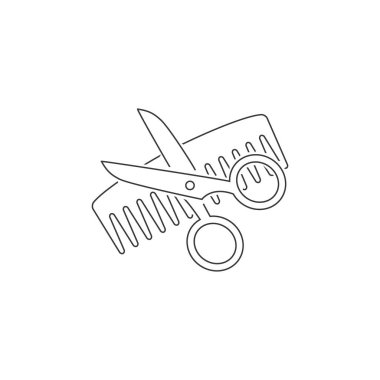 Beyaz arkaplanda izole edilmiş düz çizgi simgesi makas ve taraklar. Güzellik salonu.