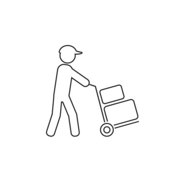 Uygulamalar ve web siteleri için kutu düz vektör çizgisi simgesiyle hareket eden el arabası veya dolly 'yi itmek