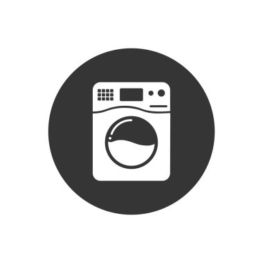 Çamaşır vektörü beyaz simgesi. Çamaşır makinesi düz tabela tasarımı. Çamaşır makinesi sembolü 