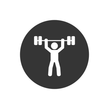 Güçlü vücut geliştirme sporcusu ağırsıklet halterini kafasının üzerine kaldırıyor. Beyaz simge, düz vektör çizimi.