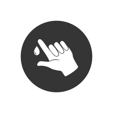 Kan damlası beyaz ikon resimli parmak. Sağlık hizmetleri koleksiyonu için mükemmel bir kan testi tasarımı. Kan testinin sembolü. Vektör illüstrasyonu