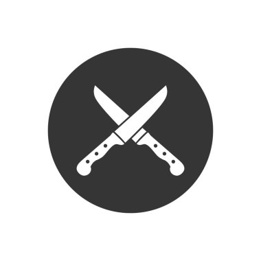 Çapraz bıçaklar beyaz simge. Bıçak ve aşçı, mutfak sembolü. Düz Çizim