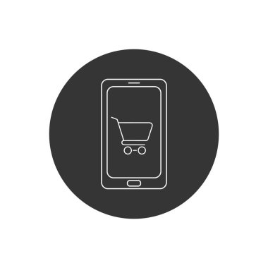 İnternetten alışveriş. Alışveriş arabası simgesi olan telefon ekranı. Vektör