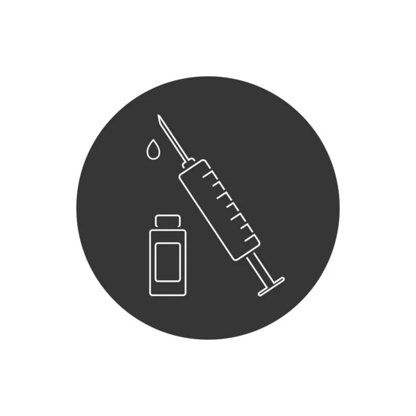 Ikona lékařské linky pro ampulku a injekční stříkačku s pandemickou vakcínou. Obrázek covid-19 vakcíny a injekční stříkačky. Ilustrace antivirové vakcíny — Stockový vektor