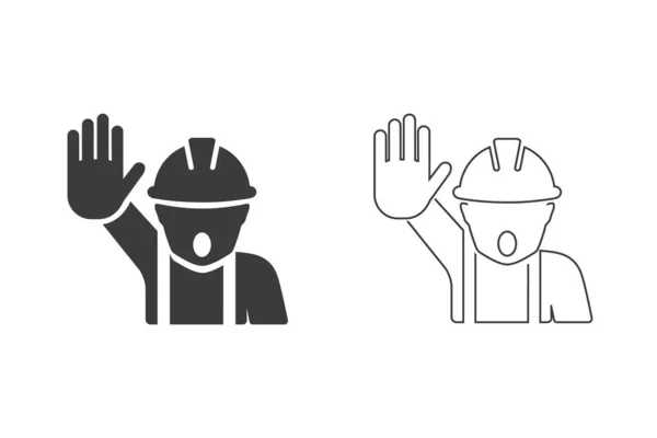 Žádná ikona nepovoleného vstupu. Stavební dělník s nataženou rukou ukazující varovný vektorový symbol stop gesta — Stockový vektor