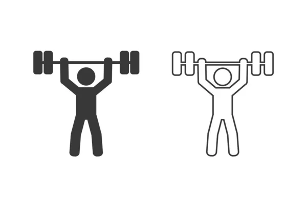 Sterke bodybuilder sportman tillen zwaargewicht lange halter over zijn hoofd pictogram set, ontwerp platte vector illustratie — Stockvector