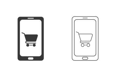 İnternetten alışveriş. Alışveriş arabası simgesi olan telefon ekranı. Vektör
