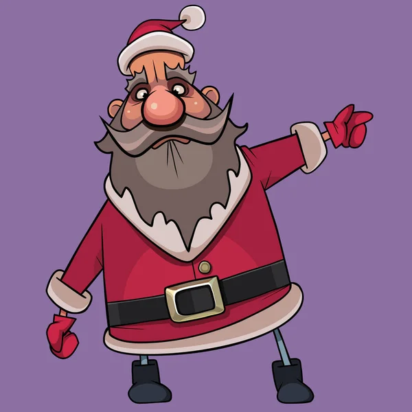 Engraçado Cartoon Homem Santa Claus Traje Aponta Sua Mão Para —  Vetores de Stock