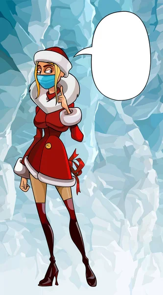 医療用マスクと赤いスーツの少女漫画の雪は彼女の指を上にポイントします 言葉の泡のイメージ — ストックベクタ