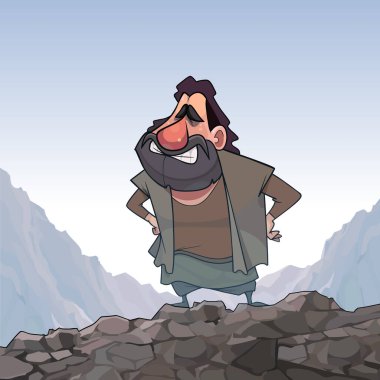 Funny cartoon man standing akimbo on top of mountain vector