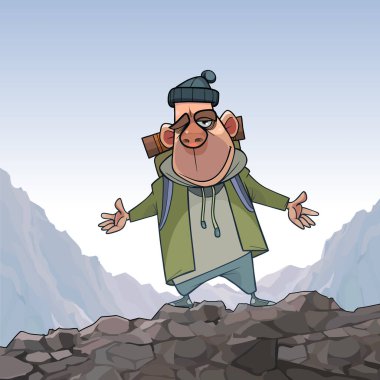 Smiling cartoon male tourist with backpack standing on top of mountain vector