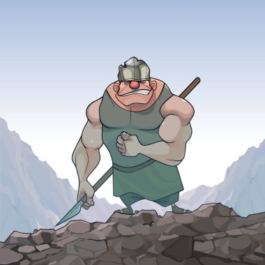 Funny cartoon muscular man warrior with spear standing on top of mountain vector