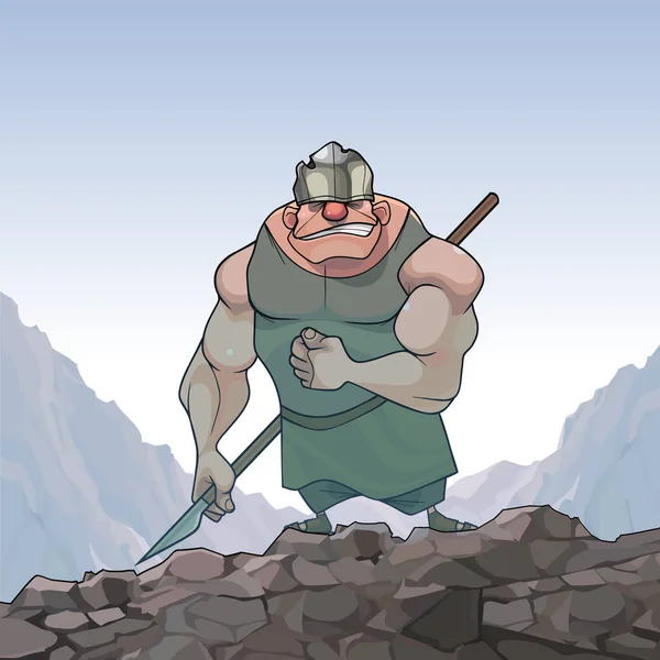 Engraçado Cartoon Muscular Homem Guerreiro Com Lança Topo Montanha —  Vetores de Stock