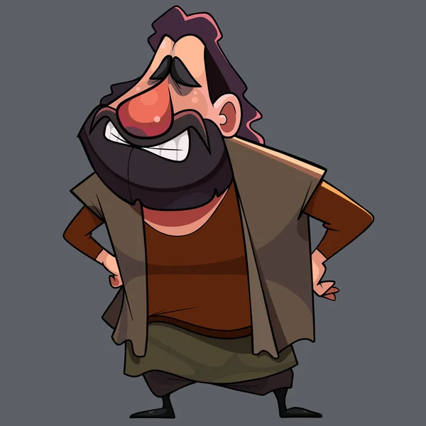 Смешной Мультфильм Улыбающийся Усатый Бородатый Мужчина Стоит Акимбо — стоковый вектор