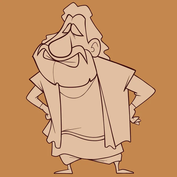 Boceto Dibujos Animados Divertido Sonriente Hombre Barbudo Pie Akimbo — Vector de stock