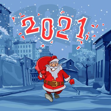 2021 çizgi film Noel Baba kış şehrinde omzunda çantasıyla yürüyor.